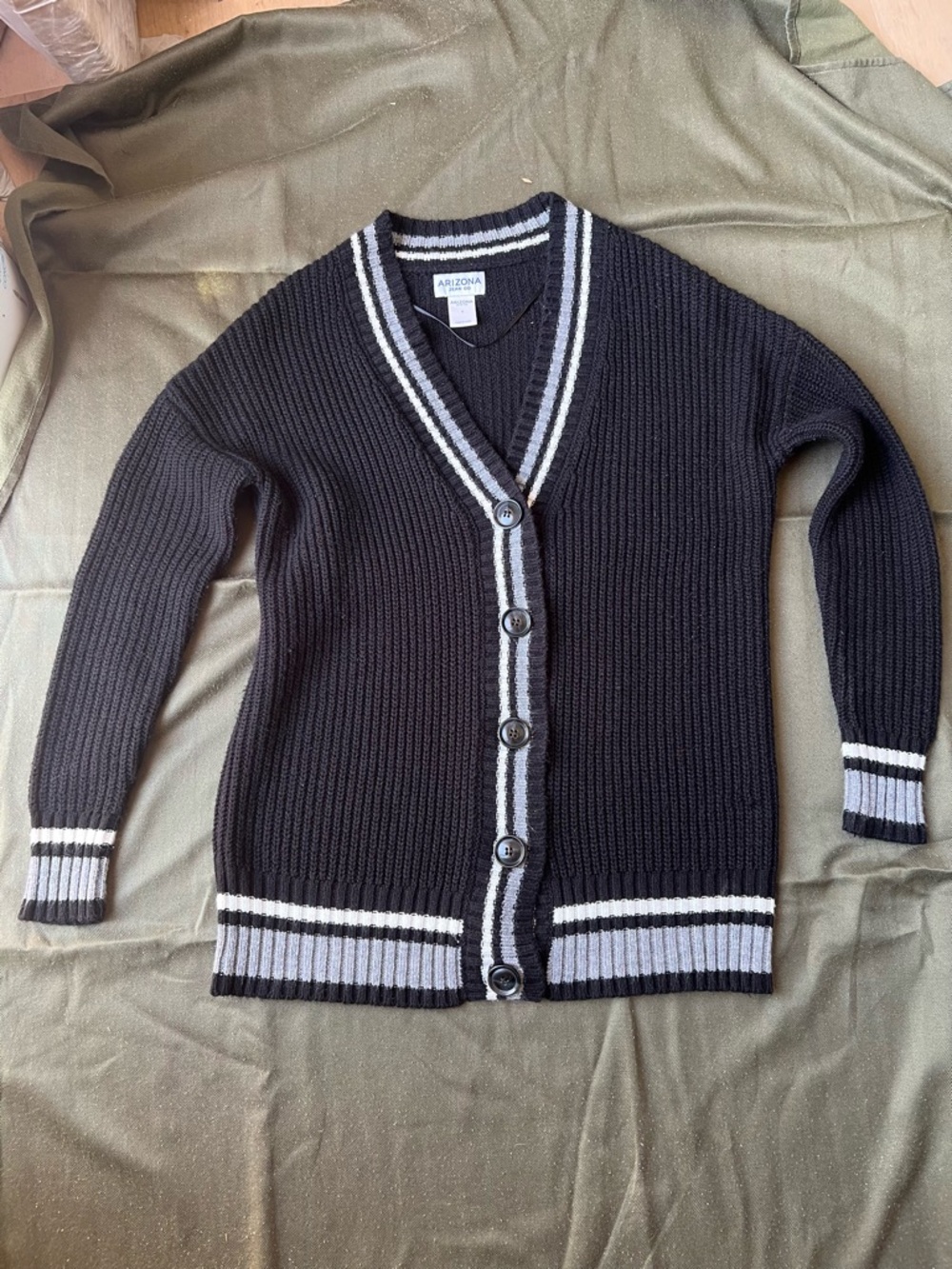 Arizona Black Ribbed Cardigan with Gray & White Stripes for Women size S-M